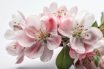 Stunning pink apple blossoms against a white backdrop. Generative AI