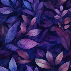 Seamless pattern. Watercolor purple leaves. A set elements on a white background. Tree leaf and branch. Generative AI