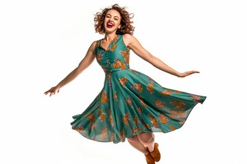 Beautiful young woman in a green dress dancing on a white background