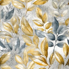 Luxury leaves banner. Floral horizontal ornament for cover, wallpapers, postcards. Elite seamless gold and silver pattern. Elegant leaves. Interior, textile. Cartoon illustration. Generative AI