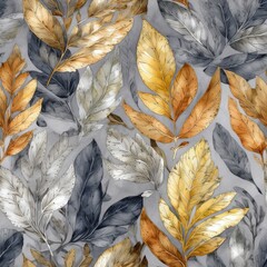 Luxury leaves banner. Floral horizontal ornament for cover, wallpapers, postcards. Elite seamless gold and silver pattern. Elegant leaves. Interior, textile. Cartoon illustration.