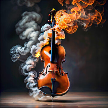 Generative AI image of a cello on fire.