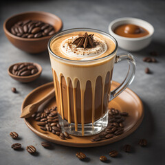 a creamy caramel latte, garnished with a caramel drizzle and coffee beans