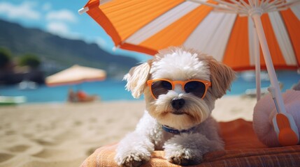 a cute dog with sunglasses on the sand beach on a sunny day enjoying vacation. hot summer day at the sea ocean. Generative AI - obrazy, fototapety, plakaty