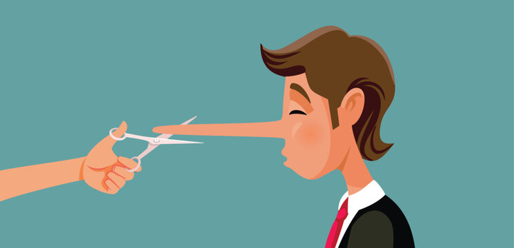 Woman Cutting the Nose of Liar Unfaithful Man Vector Cartoon Illustration. Deceitful man receiving harsh punishment after cheating 
