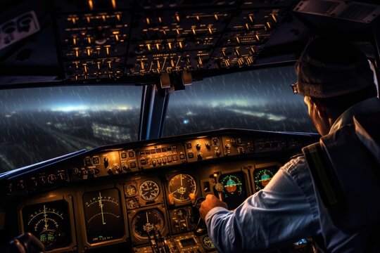 In the high - tech cockpit of an airplane, a pilot expertly navigates through a storm. Generative AI