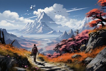 Fototapeta premium Group of people hiking on a mountain trail. Generative AI
