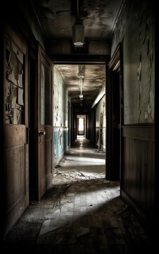 Abandoned Asylum. Old creepy abandoned rotten ruined corridor in old building. Generative AI
