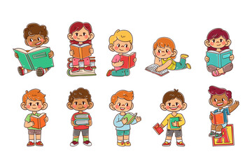 Set of kids character with reading a book hand-drawn collection