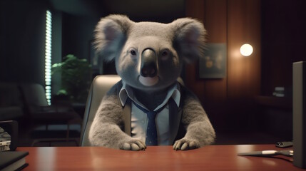 koala wearing formal business suit like a boss in the office: corporate Excellence Personified! Business concept, CEO, accountant, lawyer, writer, teacher, guru, executive. generative ai