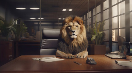 lion wearing formal business suit like a boss in the office: corporate Excellence Personified! Business concept, CEO, accountant, lawyer, writer, teacher, guru, executive. generative ai