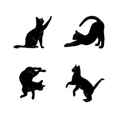 Czarny kot w różnych pozach. 4 koty na białym tle. - obrazy, fototapety, plakaty