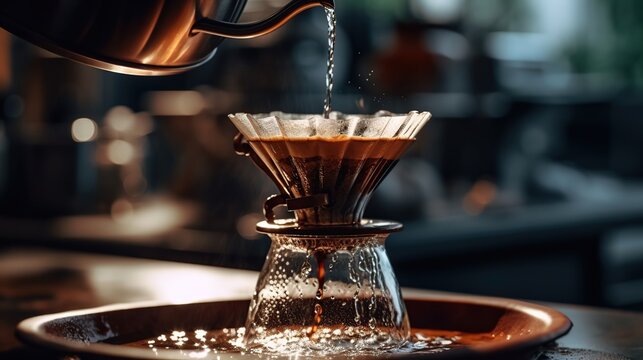 close up shot barista making drip brewing, filtered coffee, pouring hot water from kettle over a ground filter v60 coffee 