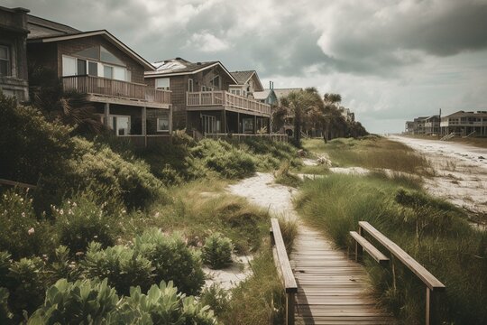 Hurricane Ian caused destruction to vacation homes and beach erosion in Surfside Garden, SC coastline. Generative AI