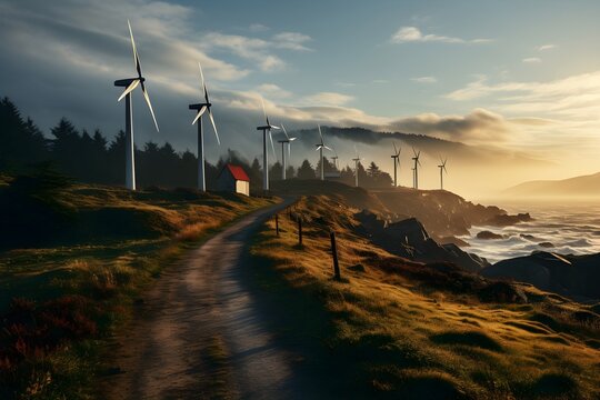 Wind turbines farm. Renewable energy sources. 