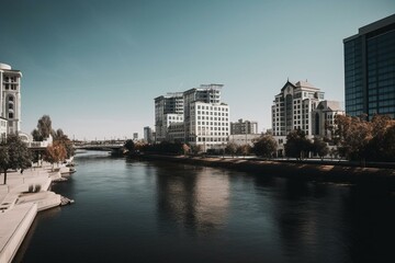 Fototapeta na wymiar Cityscape of downtown Riverside in bright daylight. Generative AI