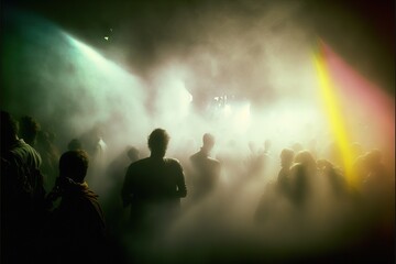Nightclub with misty smoke environment, dreamy silhouette crowd dancing along with the music, rave party with techno theme with DJ live performance in music festival. Superb Generative AI. - obrazy, fototapety, plakaty