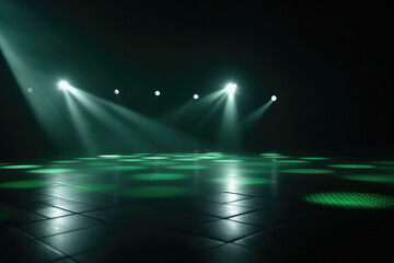 Fototapeta na wymiar green spotlights shine on stage floor in dark room, idea for background, backdrop, mock up, generative AI