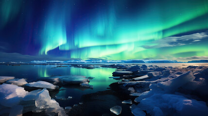 Dancing Northern Lights in Iceland Frozen Wilderness. Generative Ai