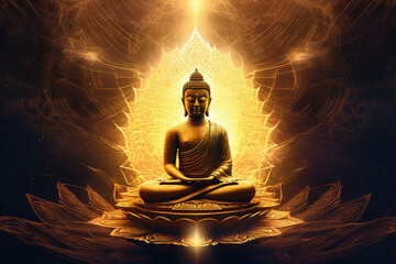  golden buddha and lotus meditation icon, generative AI