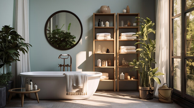 Serene Bathroom Oasis with Vibrant Decor and Accessories. Generative Ai