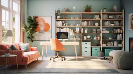 Creative Home Office with Colorful Furniture and Décor. Generative Ai