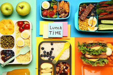 Different tasty food in lunchboxes and sticky notes with text LUNCH TIME on color background