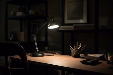 A well-lit workspace with a lamp. Generative AI