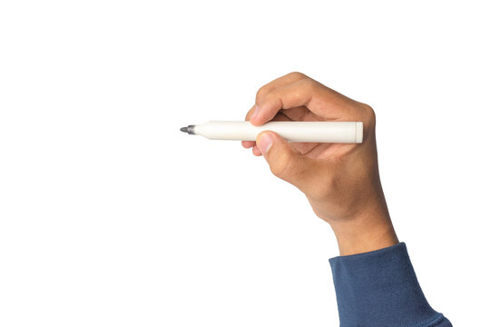 man hand holding whiteboard marker isolated on white background