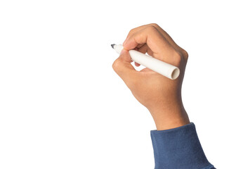 man hand holding whiteboard marker isolated on white background