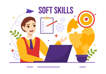 Soft Skills Vector Illustration of Office Workers Empathy, Communication, Idea Development, Skill and Education at Work in Flat Background Template