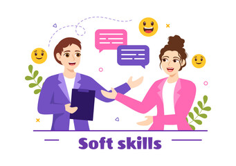 Soft Skills Vector Illustration of Office Workers Empathy, Communication, Idea Development, Skill and Education at Work in Flat Background Template