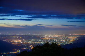 Overlooking the night view of Dahu Township and Zhuolan Town. Ginger Garden Agritourism Area, Miaoli County.