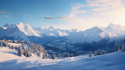 Enchanting Winter Wonderland, Snow-Covered Alps in Switzerland. Generative Ai