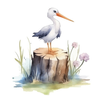 Cute stork cartoon on tree stump with watercolor style