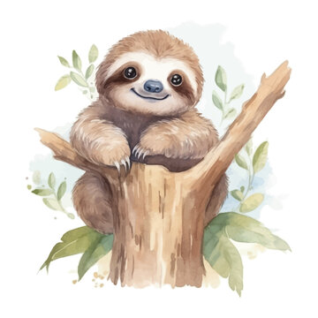Cute baby sloth cartoon in watercolor painting style