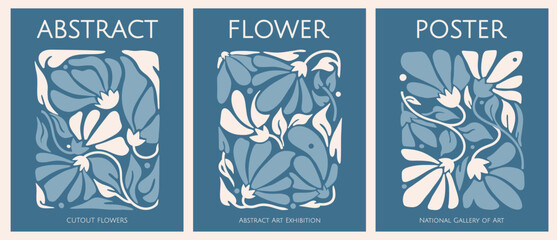 Hand drawn minimalist floral shapes. Abstract aesthetic of mid-century modern art. Retro monochrome posters. Rough wavy natural shapes. 60's-70's style graphics. Natural blue-grey tone.