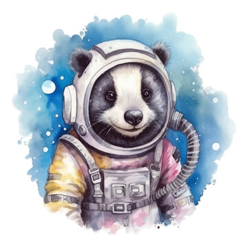 Cute astronaut badger cartoon in watercolor painting style