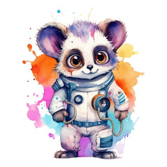 Cute astronaut lemur cartoon in watercolor painting style