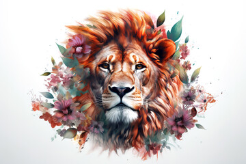 Image of a lion head surrounded by colorful tropical flowers. Wildlife Animals. Illustration, Generative AI.