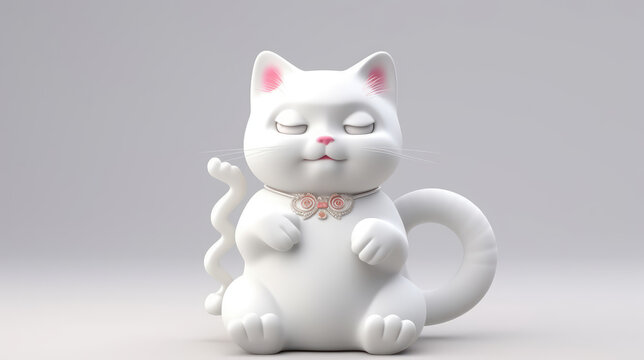 3d Maneki Neko ceramic japanese lucky cat isolated on white background. Cute oriental feline figure with raised paw for attracting money and luck isolated. Traditional Asian toy symbol. Generative AI