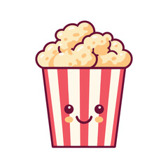 Funny cute popcorn with eyes. bucket full of popcorn for cinema snack food concept in vector icon