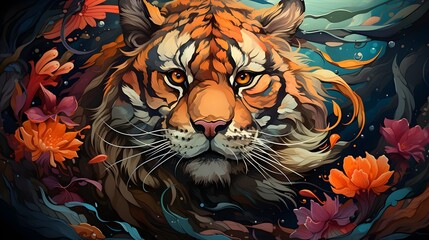 Portrait of a scribble art Tiger face colorful aquarelle style