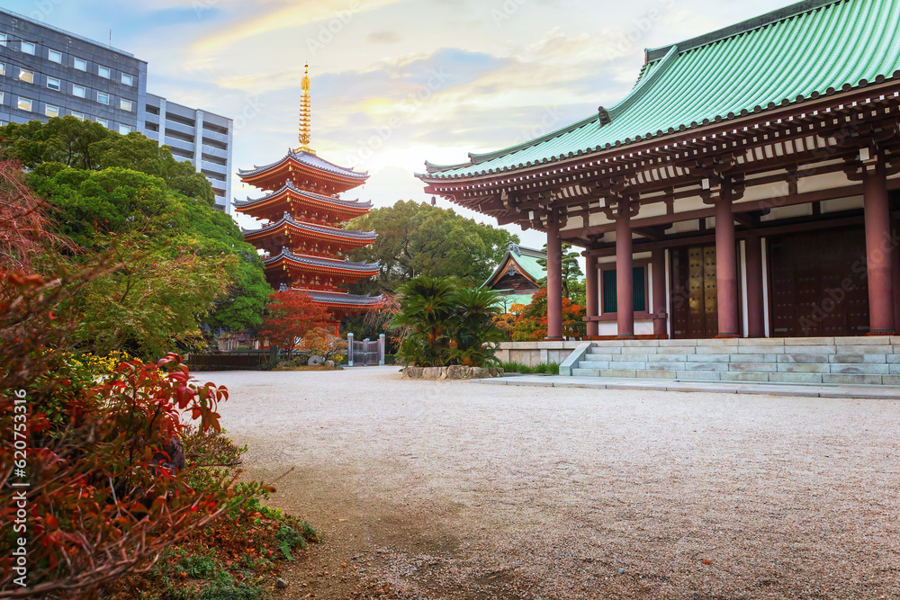 Sticker Fukuoka, Japan - Nov 30 2022: Tochoji Temple located in Hakata district. First built by Kobo Daishi by the sea, moved to current place by Kuroda Tadayuki, designated a historical site by Fukuoka City