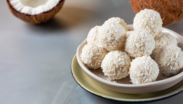 Coconut balls, raw and healthy sugar free rafaello candies. Vegetarian energy sweets recipe step by step. Round tasty dessert in ceramic bowl. Copy space, close up view. Healthy organic food for kids.