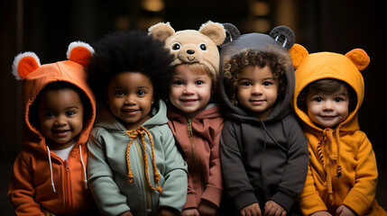 A group of babies dressed or disguised in teddy bear overalls Babies of different ethnicity. Generative AI.
