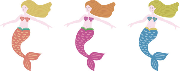 かわいくてカラフルなマーメイド人魚のイラストセット
