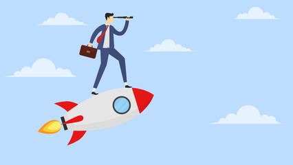 a business man standing on a rocket. see and binocular target achievement of the business