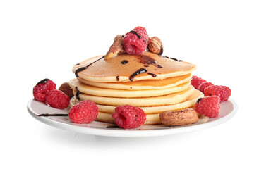 Plate of tasty pancakes with raspberries and nuts on white background
