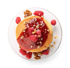 Plate of tasty pancakes with raspberries and nuts on white background
